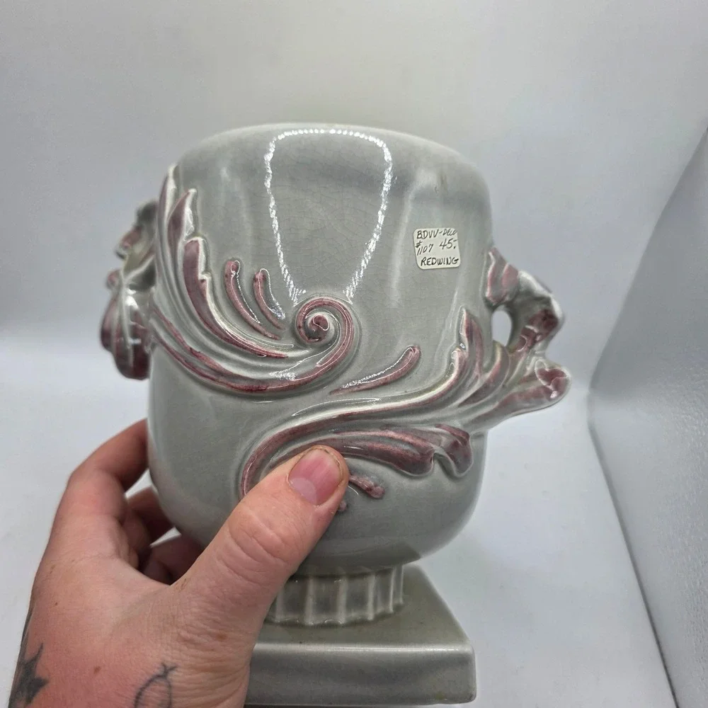 Vintage Red Wing Pottery #1107 Pedestal Vase Gray Yellow Purple Acanthus USA